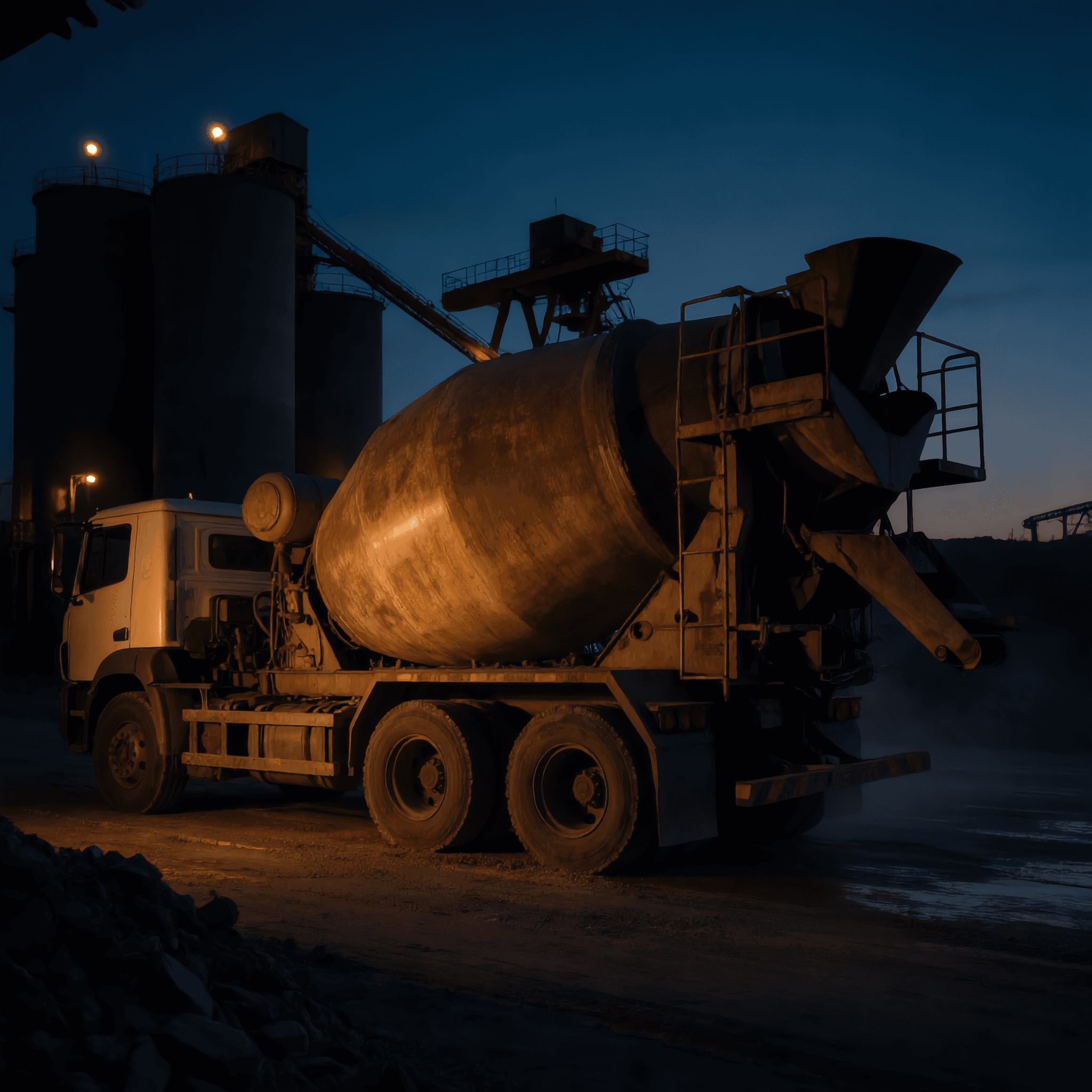 A concrete mixer truck parked at a batching plant at night, lit by amber security lights