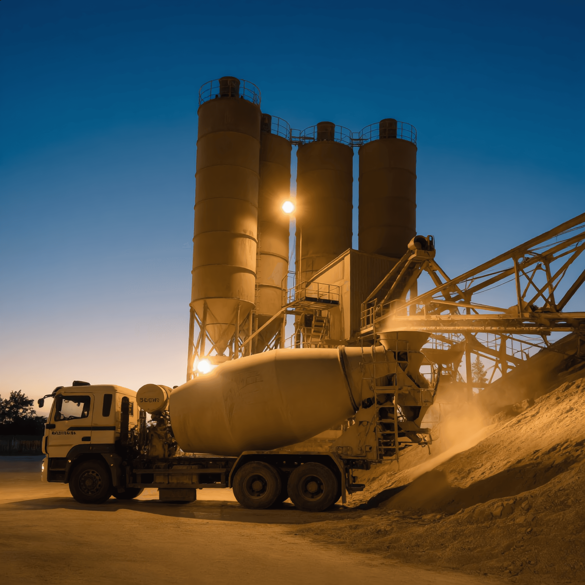 A concrete batching plant with silos and a mixer truck at dusk