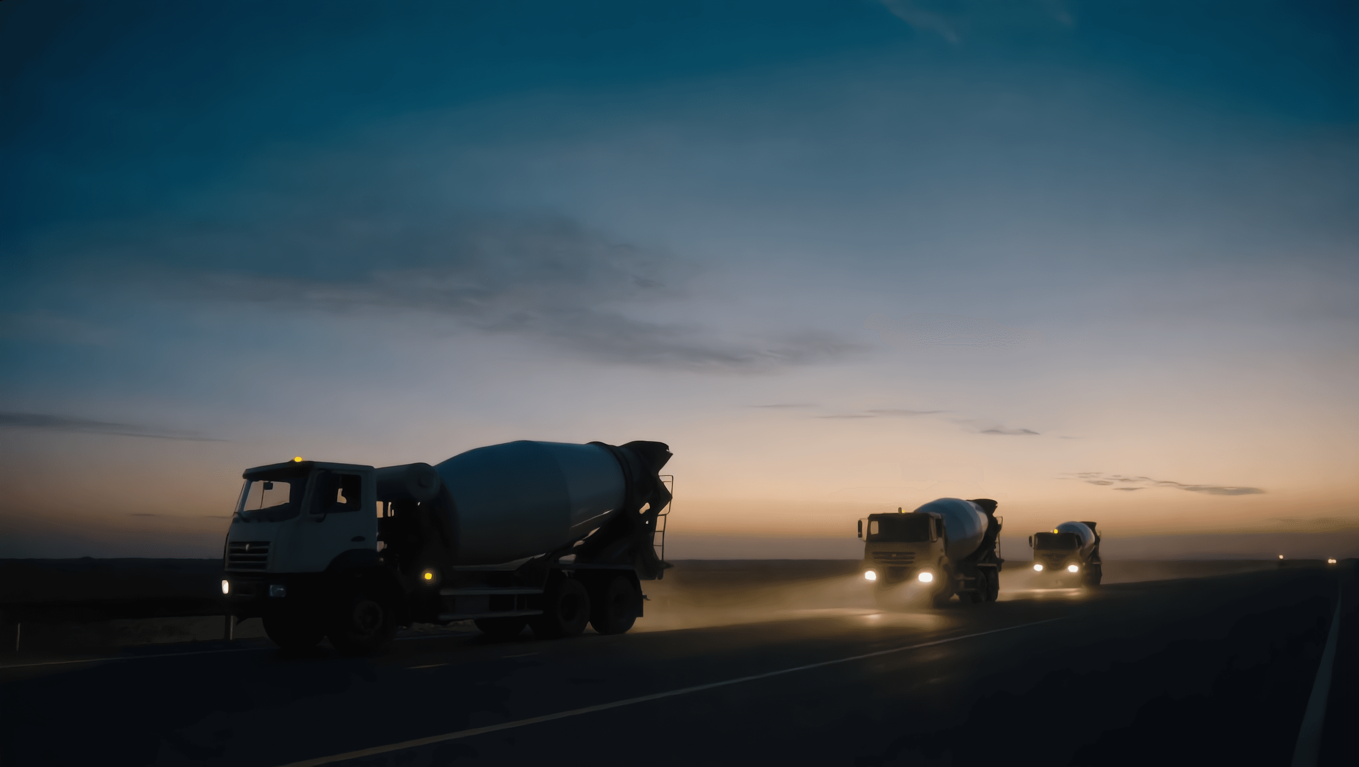 A convoy of concrete mixer trucks on the road at dusk