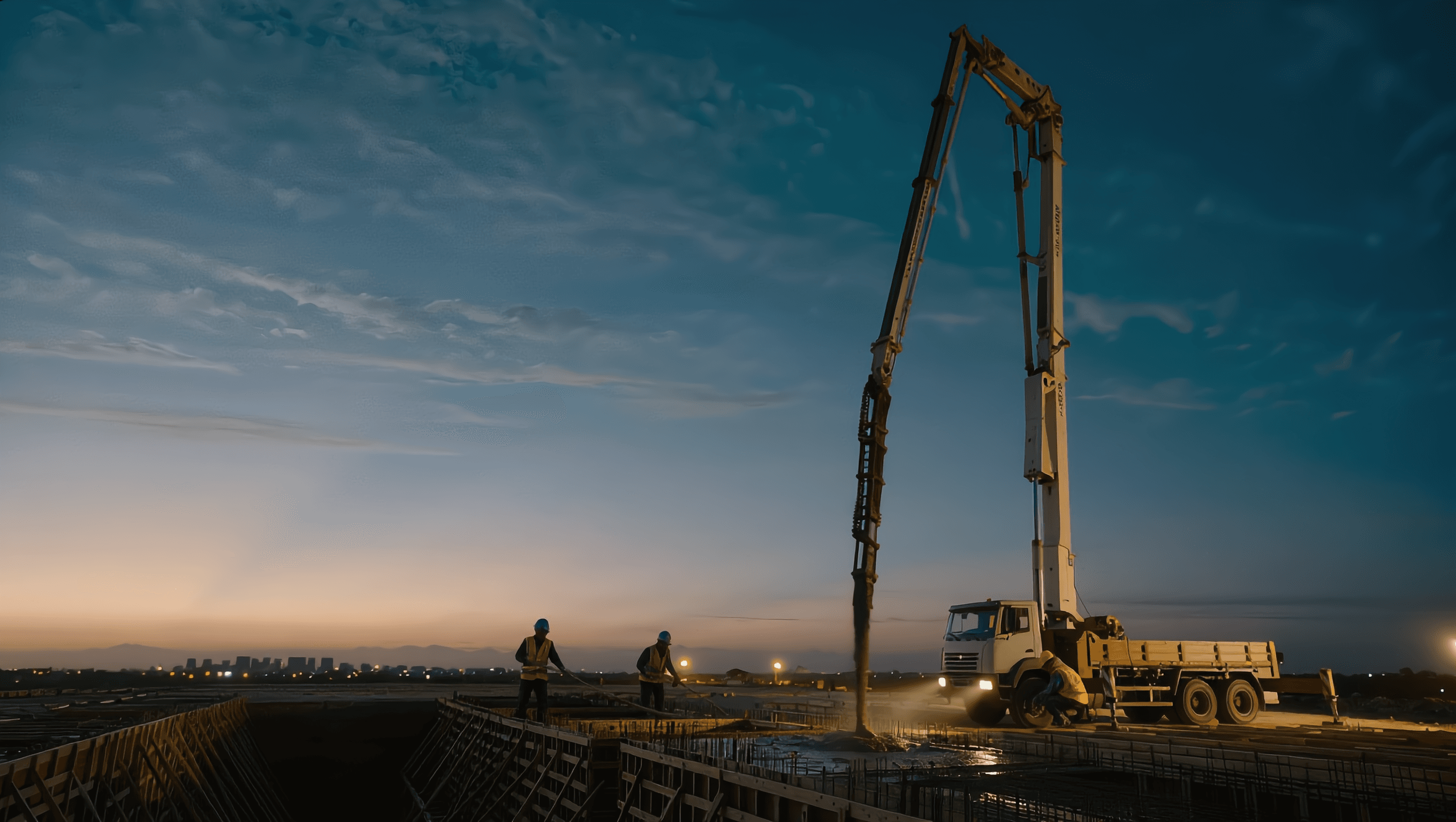 Concrete pump truck pouring a foundation slab at dusk